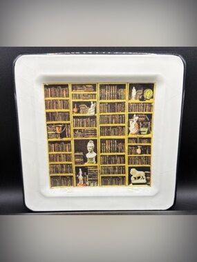 Brunelli Italy Libreria Library Bookshelf Motif Square Ceramic Plate, Tableware
